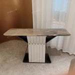 Warm Grey Stone Console Table with Gray Wood Sides and Cream Vertical Accents